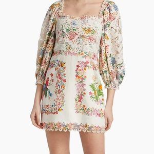 Farm Rio Delicate Forest Scarves Billowy-Sleeve Embroidered Minidress